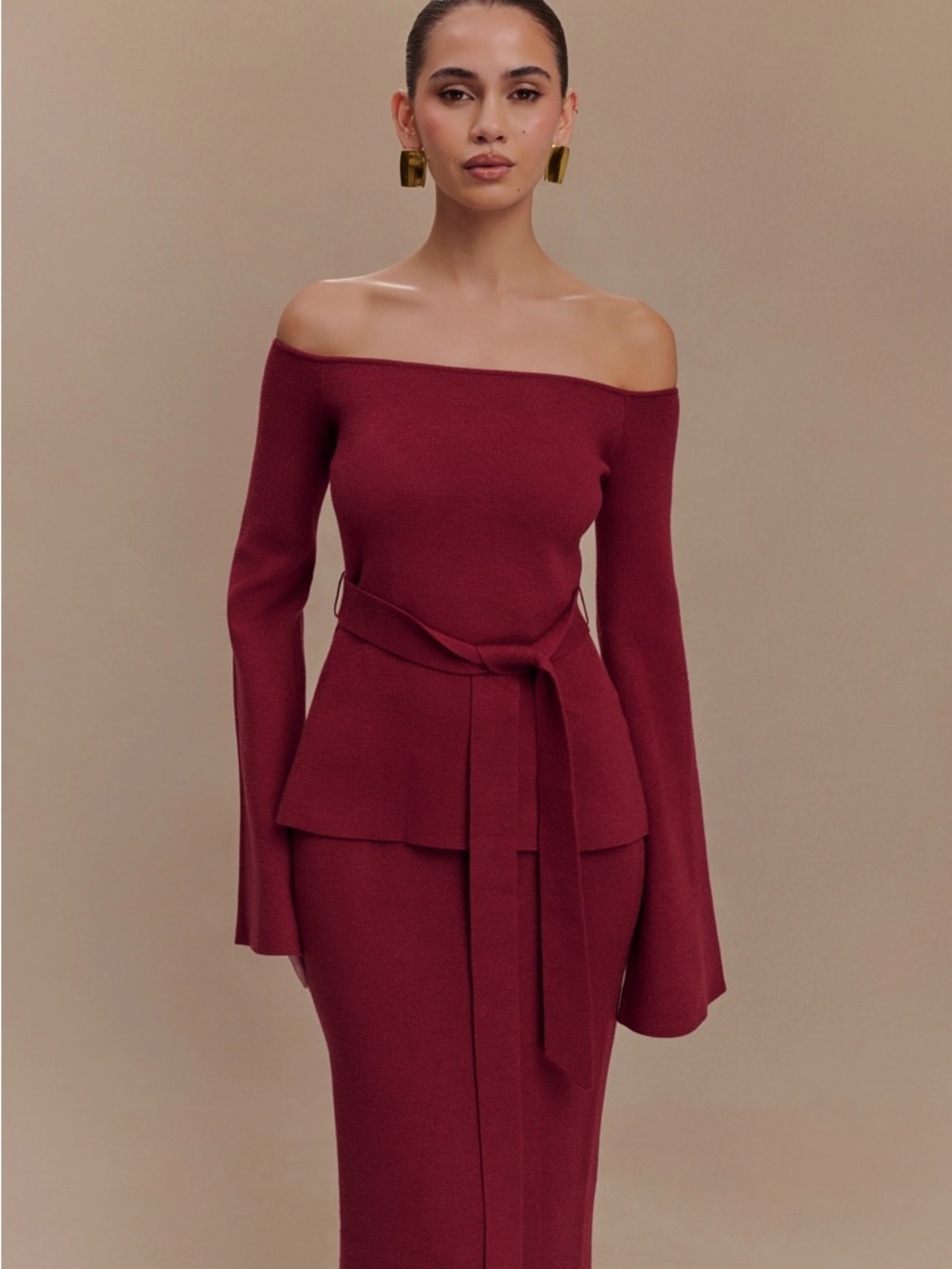 Meshki Kyle Off-Shoulder Belted Knit Sweater Dress in Burgundy